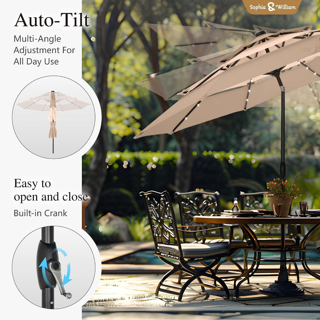 Sophia & William 10ft Patio Umbrellas 3-Tier Umbrella Outdoor Patio Umbrellas with Lights Vented Top 24 LED lights Adjustable Tilt for Pool Garden Backyard, Mixed Beige