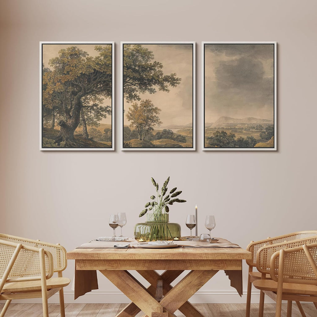 MUDECOR Framed Wall Art Print Set Vintage Landscape Rustic Tree and Mountain View Illustrations Decorative Colorful for Living Room, Bedroom, Office - 16'x24'x3 White