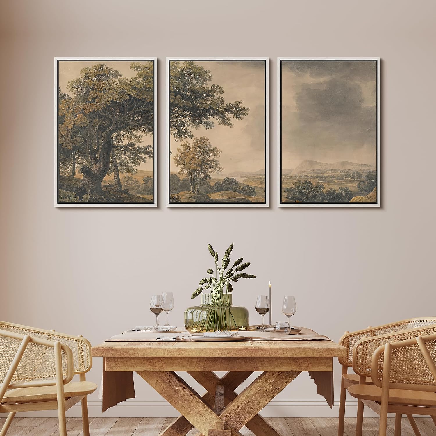 MUDECOR Framed Wall Art Print Set Vintage Landscape Rustic Tree and Mountain View Illustrations Decorative Colorful for Living Room, Bedroom, Office - 16'x24'x3 White