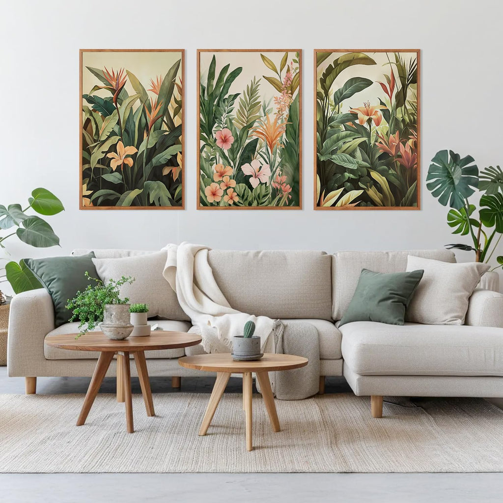 HLNIUC Boho Tropical Leaves Framed Canvas Wall Art,Abstract Flower Wall Decor Set of 3(24'x36')Modern Green Plant Banana Leaf Art Print,Tropical Botanical Jungle Painting for Living Room Bedroom Office