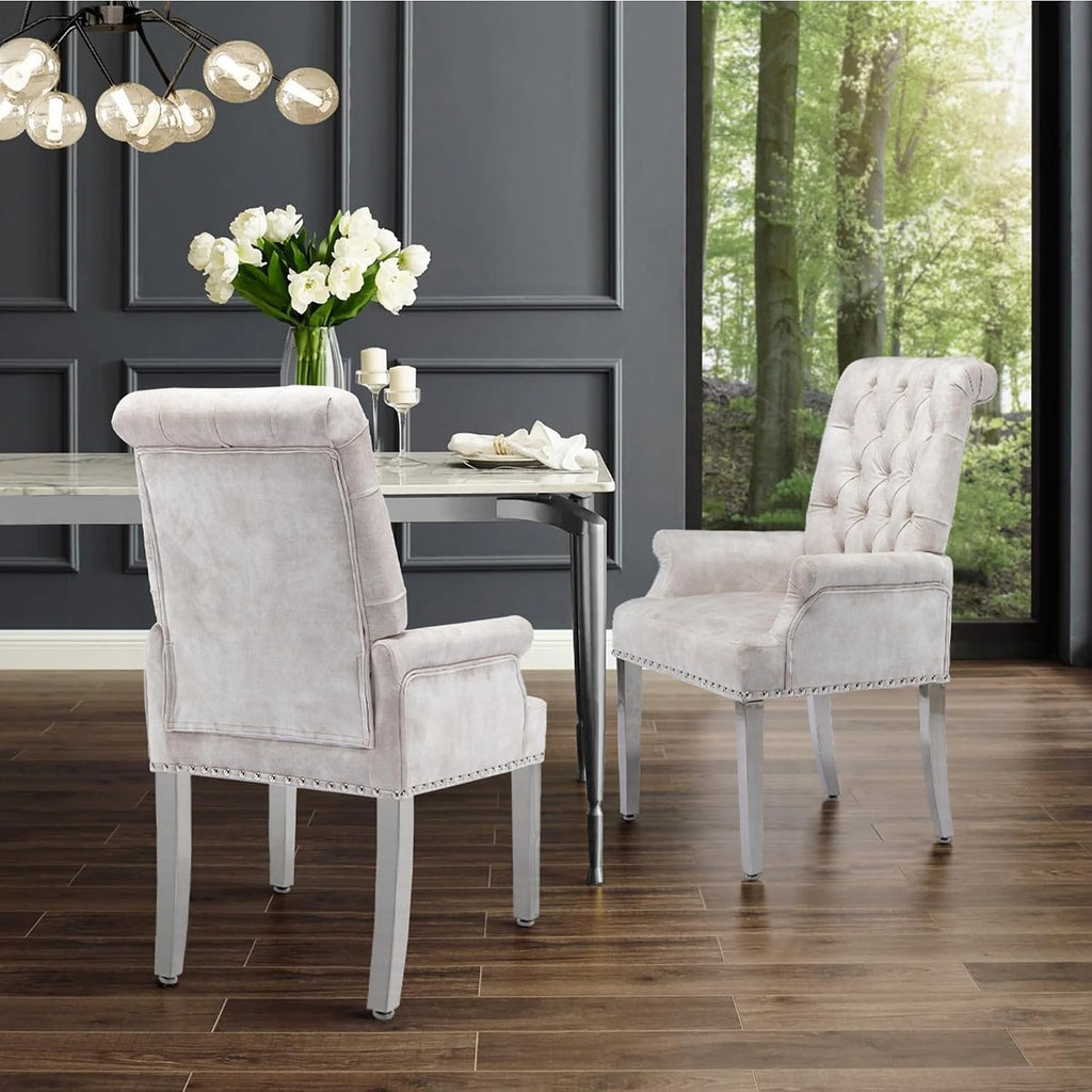 LOULENS Luxurious Velvet Dining Chairs Set of 2, Modern Upholstered Dining Chair with Arms, Tufted High Back Dining Room Chairs with Stainless Steel Leg for Kitchen & Dining Room, Beige