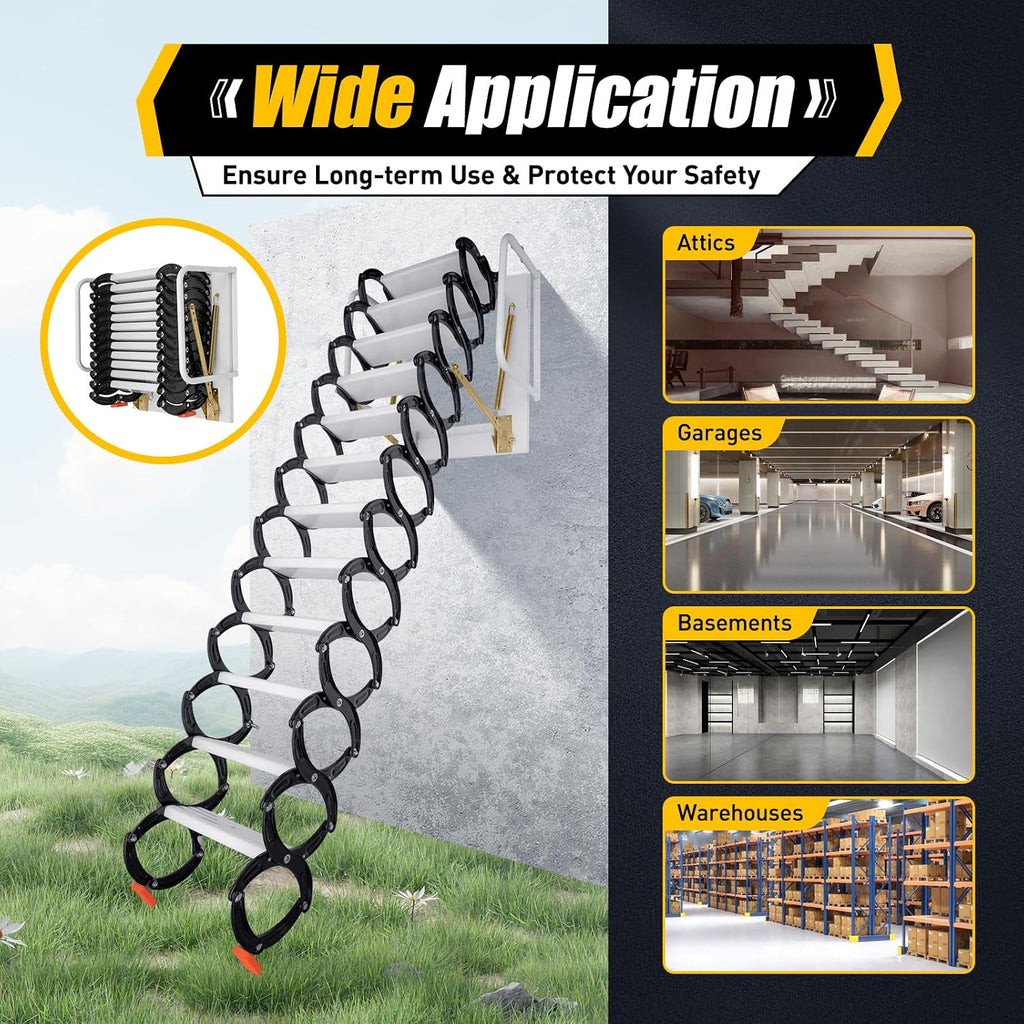 12 Steps Attic Ladder, Wall Mounted Pull Down Loft Steps Folding Stairs, 9.5-10.1Ft Height Aluminum Alloy Narrow Attic Extension Ladder w/Armrests for Basements Warehouses (12, Black2)