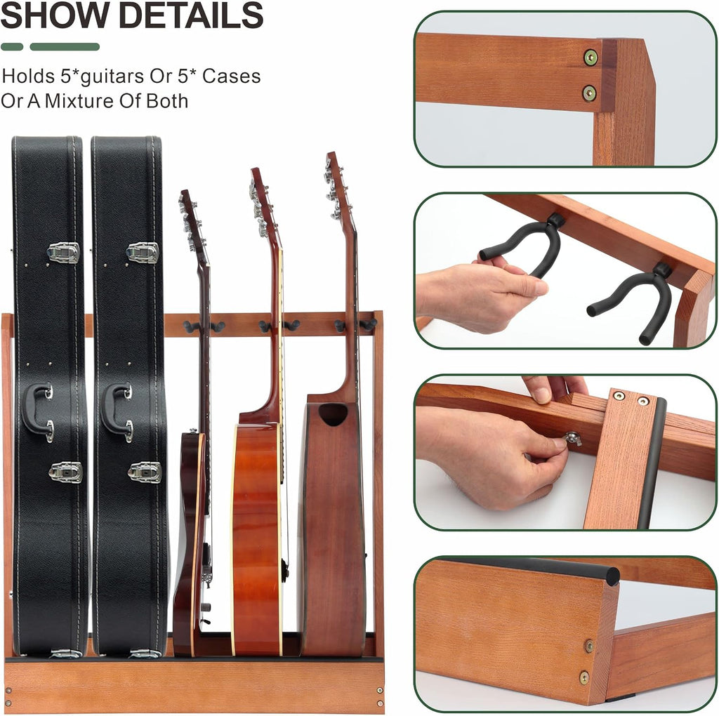 Nefelibata Multiple Guitar Stand 5 Holders Wooden Guitar Stands Floor Rack for Guitars and Case,Electric,Acoustic Guitar, Bass, Cello-German Ash wood
