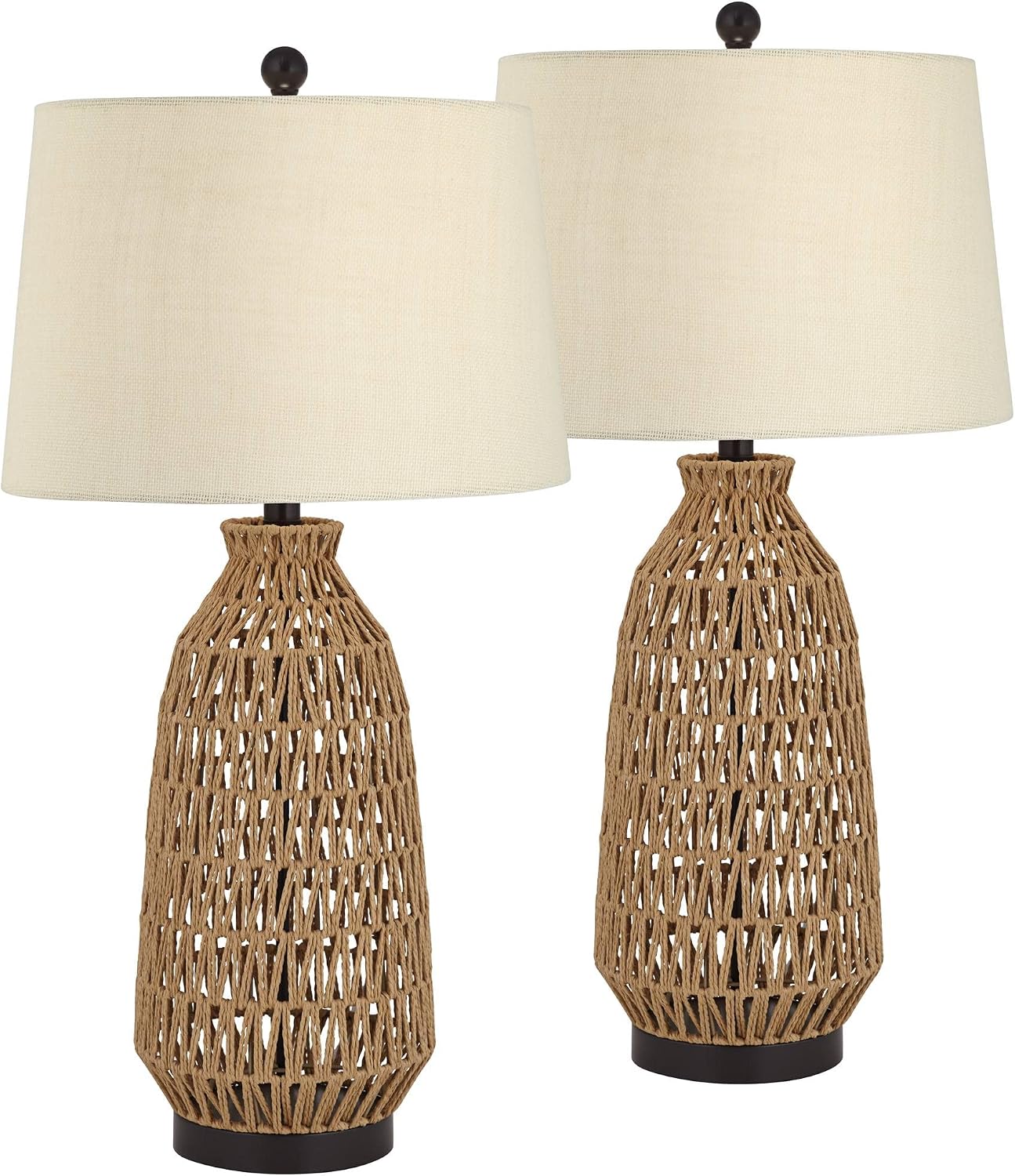 360 Lighting San Carlos 29' Tall Farmhouse Rustic Natural Cottage Core End Table Lamps Set of 2 Rattan Wicker Fabric Oatmeal Shade Living Room Bedroom Bedside Nightstand House Office Home Kitchen