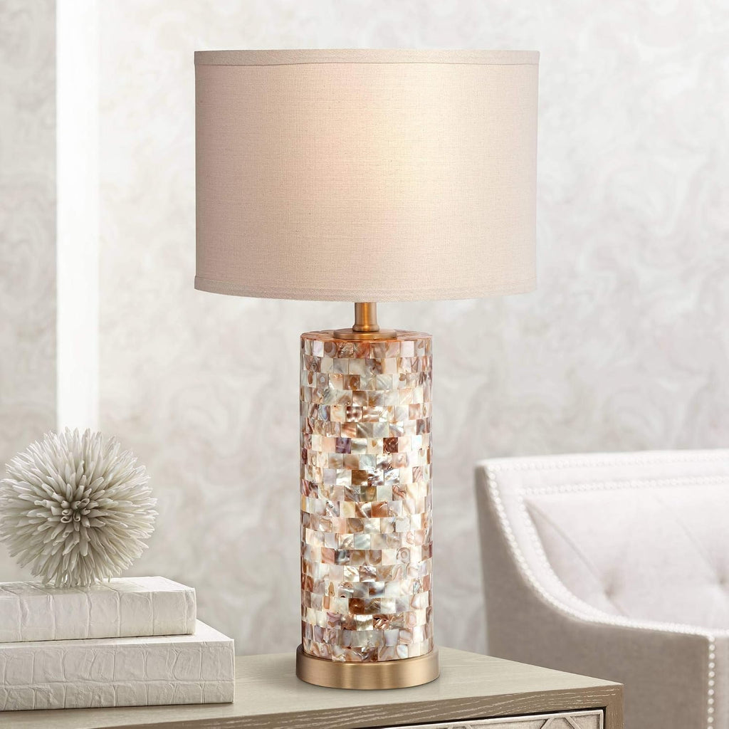 360 Lighting Margaret Coastal Accent Table Lamp 23' High Mother of Pearl Tile Cylinder Glass Cream Linen Fabric Drum Shade for Living Room Bedroom Beach House Bedside Nightstand Home Office