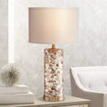 360 Lighting Margaret Coastal Accent Table Lamp 23' High Mother of Pearl Tile Cylinder Glass Cream Linen Fabric Drum Shade for Living Room Bedroom Beach House Bedside Nightstand Home Office
