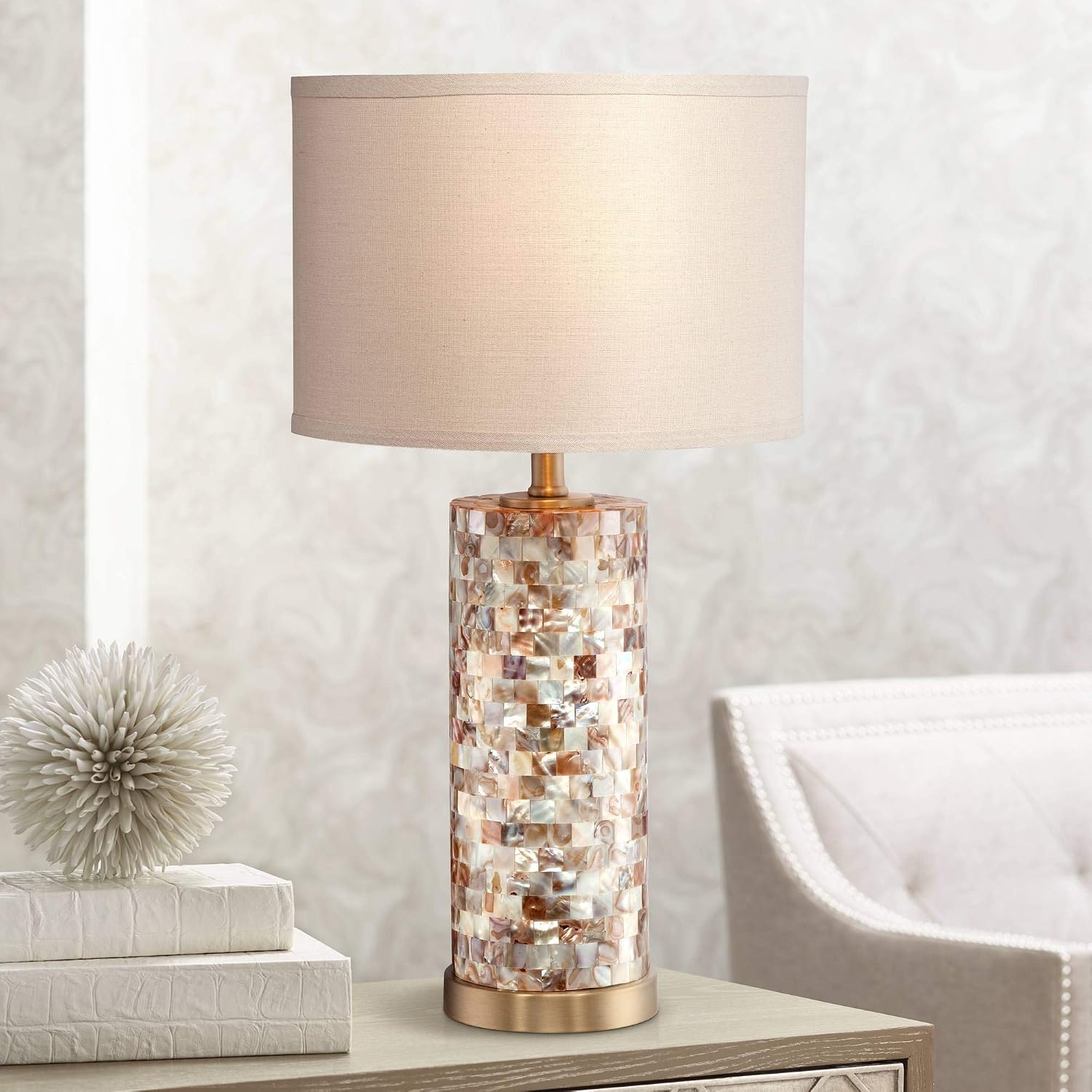 360 Lighting Margaret Coastal Accent Table Lamp 23' High Mother of Pearl Tile Cylinder Glass Cream Linen Fabric Drum Shade for Living Room Bedroom Beach House Bedside Nightstand Home Office