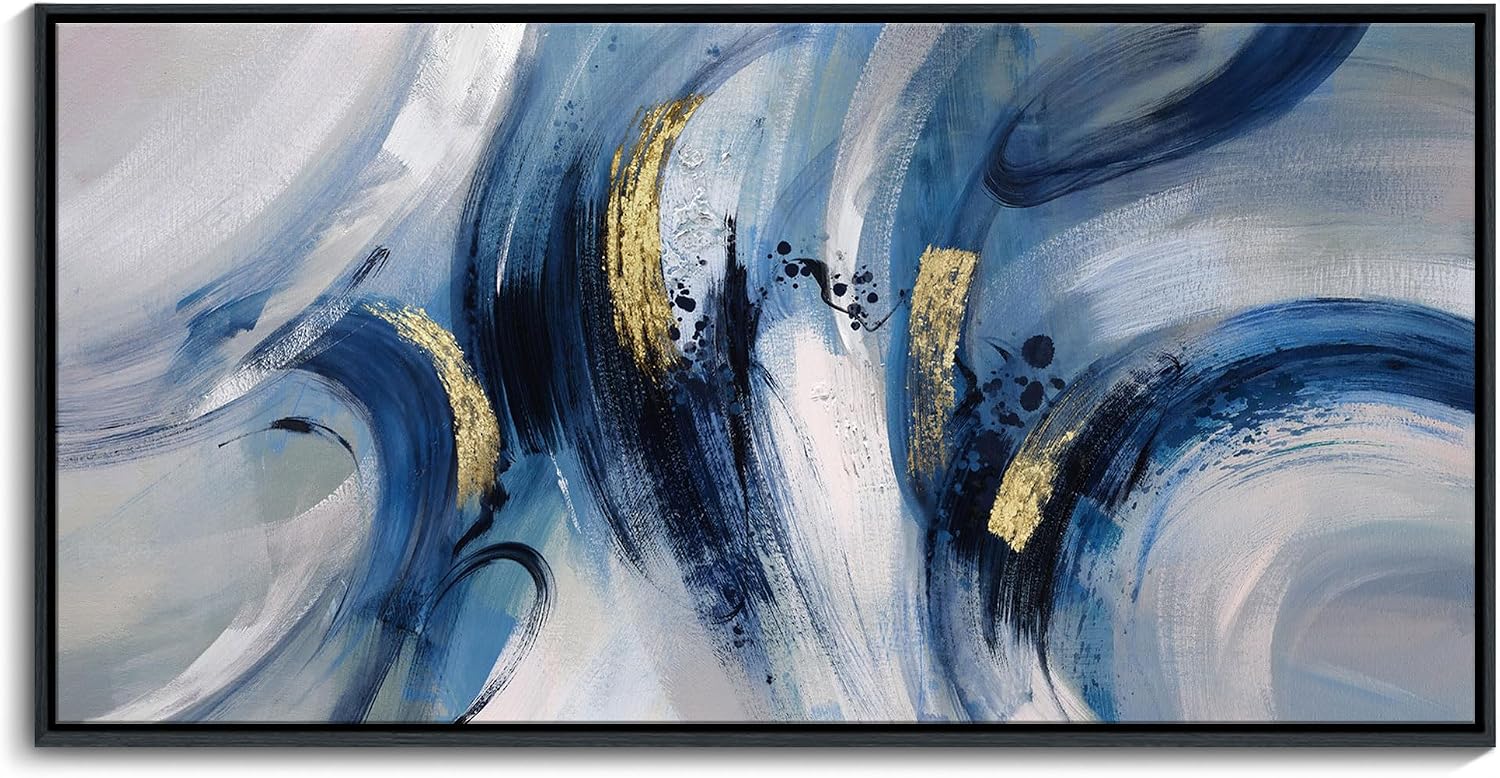 Abstract Line Art Framed Canvas - Modern Blue and Grey, Large 24x48 Inches, Minimalist Bedroom & Living Room Art, Ready to Hang
