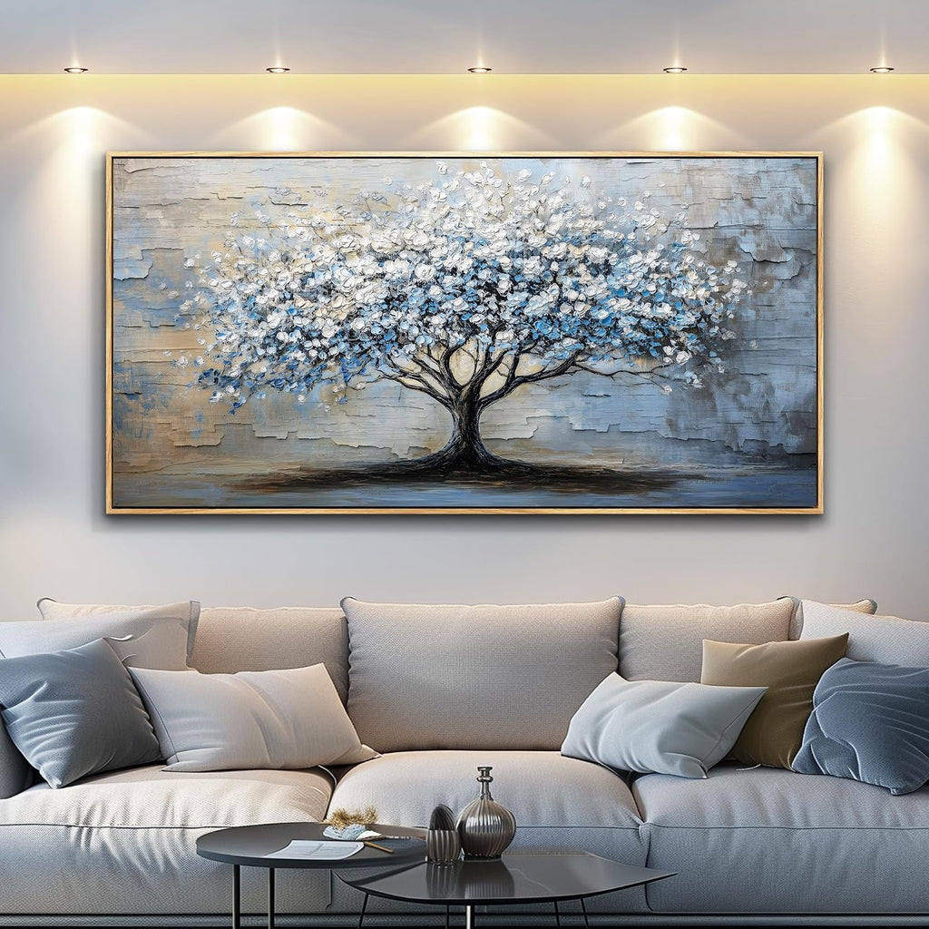 ERQINHUA Wood Framed Abstract Wall Art Office Large Wall Decor Art For Living Room Wall Pictures Blue Grey TreePainting Framed Canvas Artwork Bedroom Dining room Home Decoration Aesthetics 24'X48'