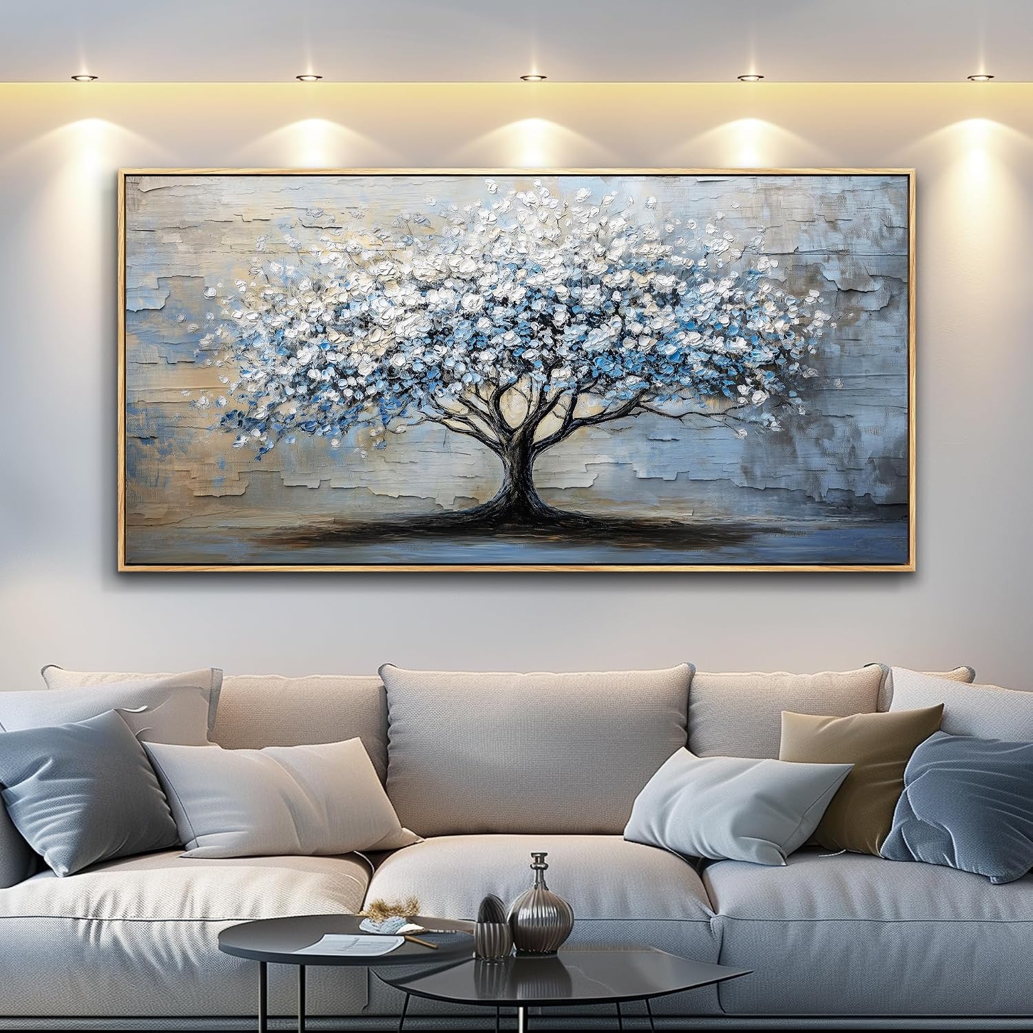 ERQINHUA Wood Framed Abstract Wall Art Office Large Wall Decor Art For Living Room Wall Pictures Blue Grey TreePainting Framed Canvas Artwork Bedroom Dining room Home Decoration Aesthetics 24'X48'