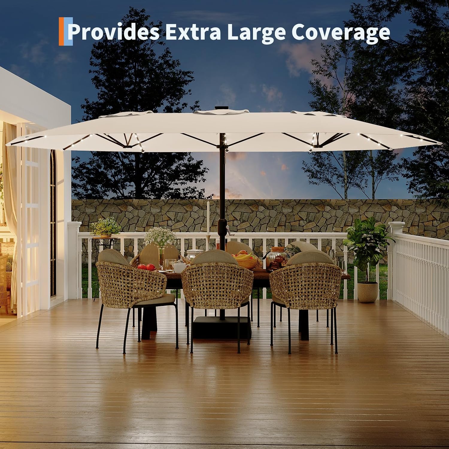 Garvee 15 ft Rectangular Patio Umbrella with Solar Lights & Base Included - Large Patio Umbrella with Crank Handle, UV Protection for Outdoor Market, Backyard, Pool - Beige