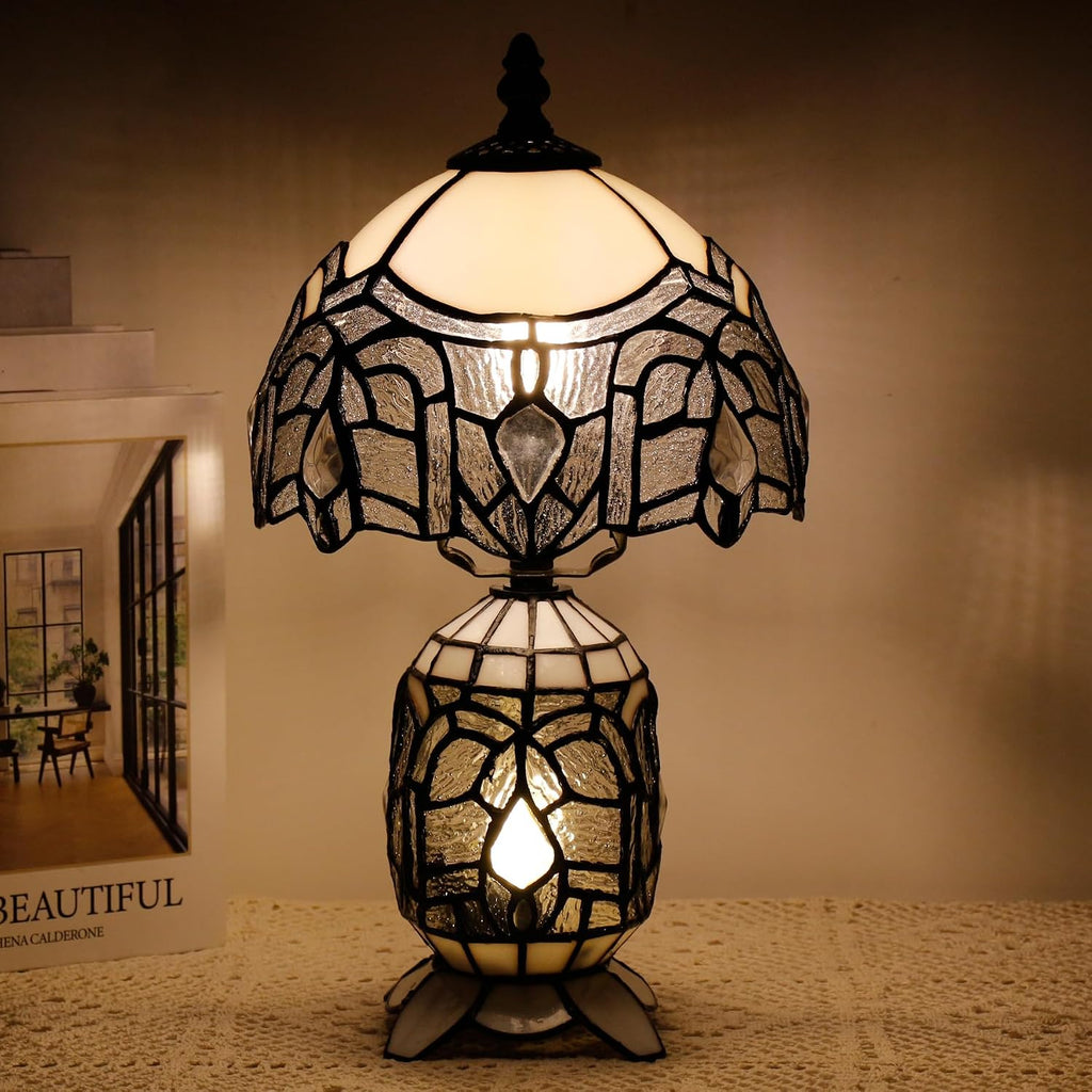Small Tiffany Lamp Stained Glass Table Lamp Mini Mother Daughter Vase Desk Accent Light for Bedroom Bedside Reading Home Antique Style Decor 8X14 Inches (White)