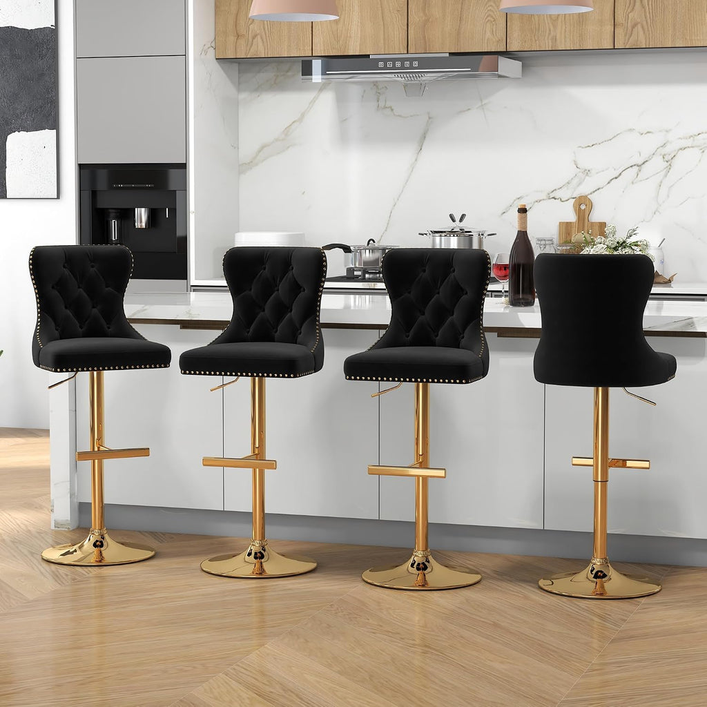 Velvet Tufted Barstools Set of 4, Swivel Counter Chairs with Diamond Lattice Back, Height Adjustable Seat with Rivet Trim Metal Pull, Elegant Design, Black