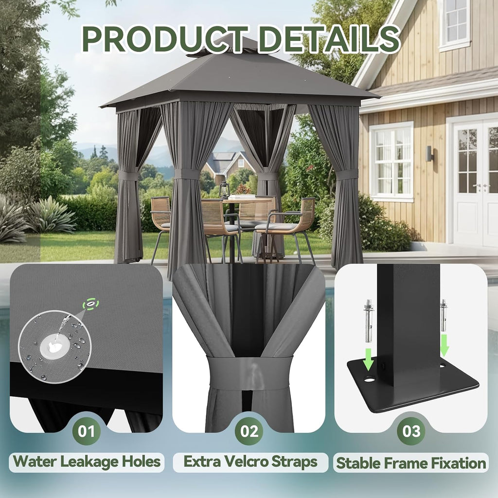 Aoxun 8x8FT Outdoor Gazebo with 20 inch Ceiling Fan Patio Metal Frame Canopy with Double Roofs, Heavy Duty Party Tent with Mosquito Netting and Privacy Screen for Backyard, Lawn, Garden (Gray)