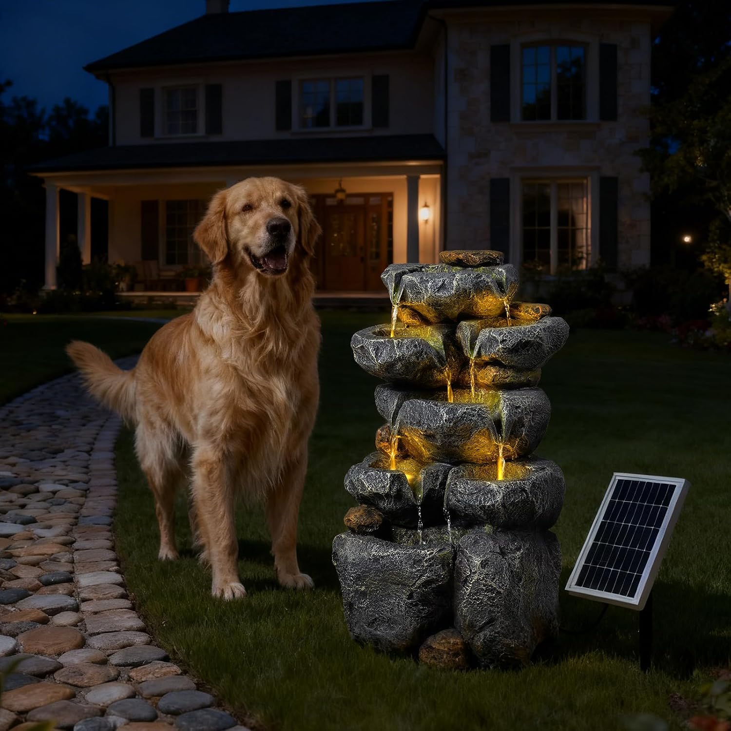 5 Tiered Solar Powered Water Fountain, Solar Water Fountain Outdoor Garden Cascading Rock Water Fall Fountains Outside with Lights for Backyard, Patio, Deck, Porch, 24' H x 13.39' L x 9.6' W