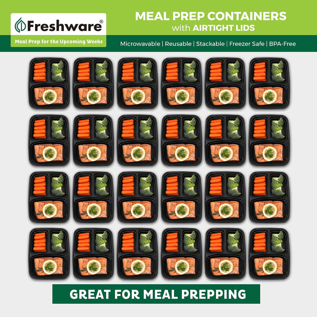 Freshware Meal Prep Containers 50 Count, 3 Compartment Food Storage Containers with Lids, Bento Box, BPA Free, Stackable, Microwave/Dishwasher/Freezer Safe (24 oz) (Pack of 6)
