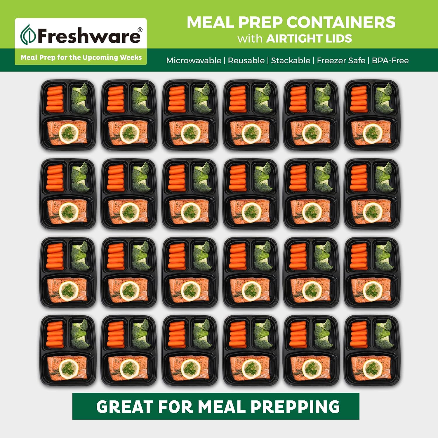 Freshware Meal Prep Containers 50 Count, 3 Compartment Food Storage Containers with Lids, Bento Box, BPA Free, Stackable, Microwave/Dishwasher/Freezer Safe (24 oz) (Pack of 6)