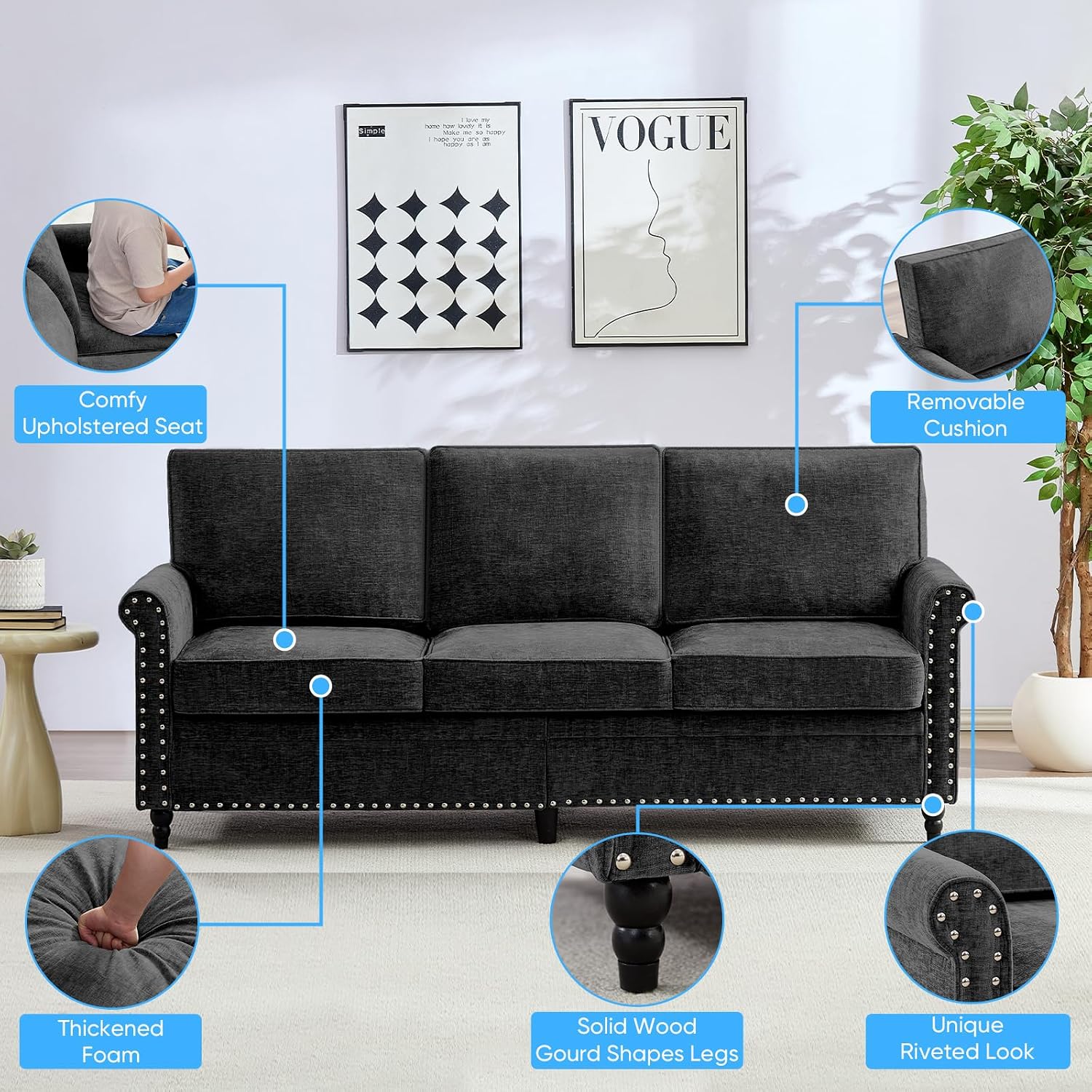 Mjkone 76' Chenille Sofa Couch, 3-Seater Living Room Sofa with Wood Frame, Gourd Shape Wood Legs, 6.7' Thickened Soft Cushion, Rivet Design, Mid Century Modern Couch for Small Spaces, Apartment, Black