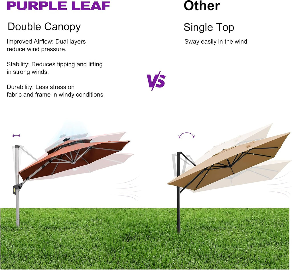 PURPLE LEAF 12ft Solar powered LED Patio Umbrella Outdoor Round Large Cantilever Umbrella with LED lights Windproof for Garden Deck Pool Patio, Brick Red