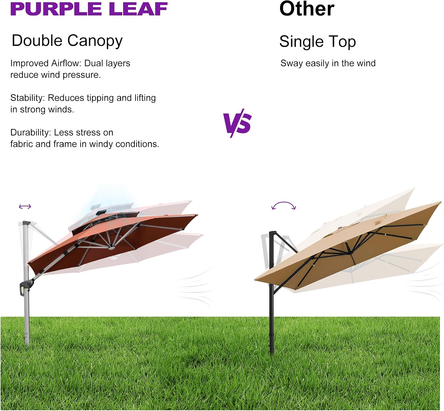 PURPLE LEAF 12ft Solar powered LED Patio Umbrella Outdoor Round Large Cantilever Umbrella with LED lights Windproof for Garden Deck Pool Patio, Brick Red