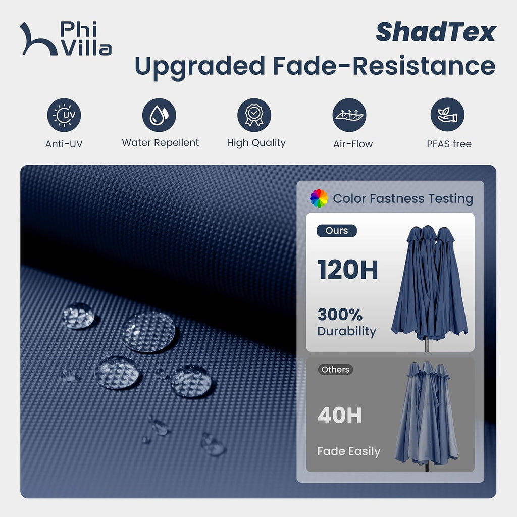 PHI VILLA 13ft Patio Umbrella with Solar-Powered 120 PCS LED Color-Changing Lights, Triple-Head Large Rectangle Umbrella Outdoor Patio for Table with Crank Lift,Navy Blue(No Base)