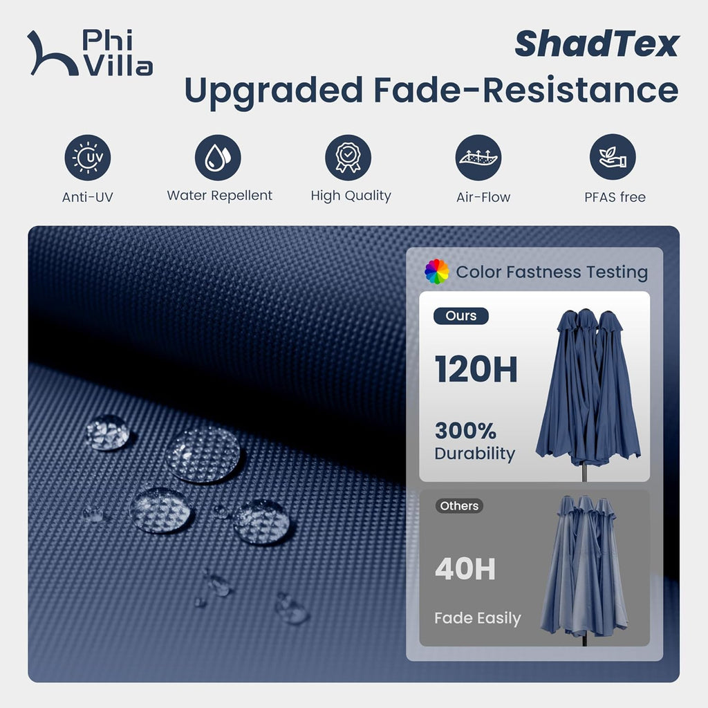 PHI VILLA 15ft Large Patio Umbrella with Solar Lights, Double-Sided Outdoor Market Rectangle Umbrellas with 36 LED Lights, Umbrella Base (Stand) Included, Navy Blue