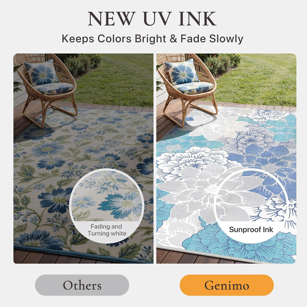 GENIMO Indoor Outdoor Area Rug 9'x12', Machine Washable Rugs for Patio, Waterproof, Non-Slip Easy Cleaning Floral Outdoor Mat Carpet for Living Room, Bedroom, RV, Balcony, Deck, Camping, Light Blue