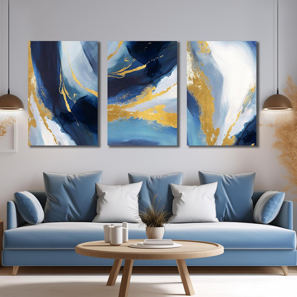 DNIEOTU Abstract Wall Art for Living Room, Blue and Gold Canvas Picture Prints Wall-Decor for Bedroom, Size 24 x 36 Inches 3-Pieces