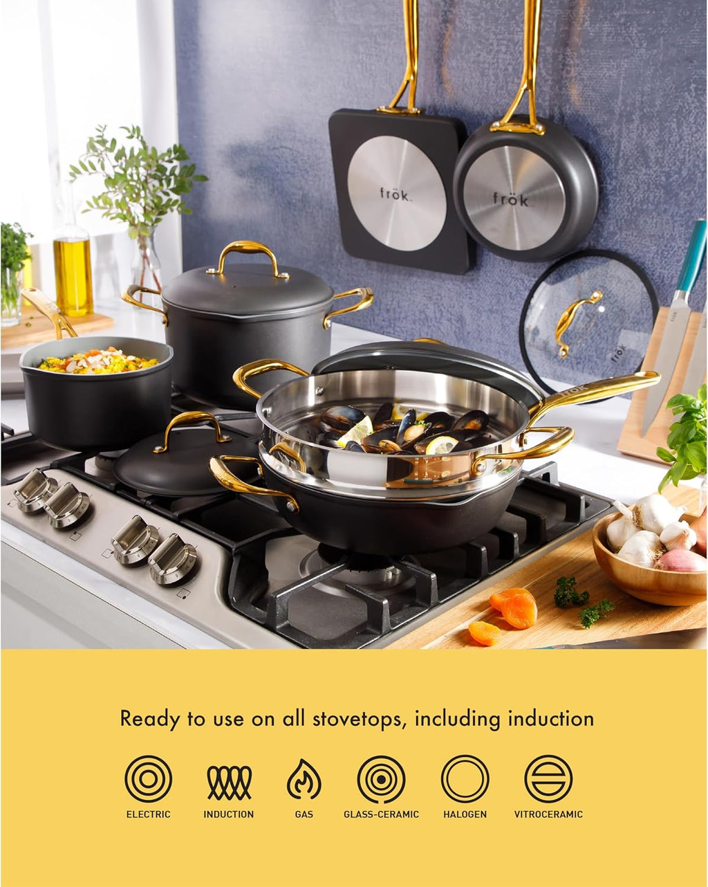 Frok 10 Piece Pots and Pans 4MM Thick Quick Heat Aluminum Cookware Set w/Premium PFA Free Ceramic Nonstick Interior Heat Resistant Exterior - Induction - Black & Gold
