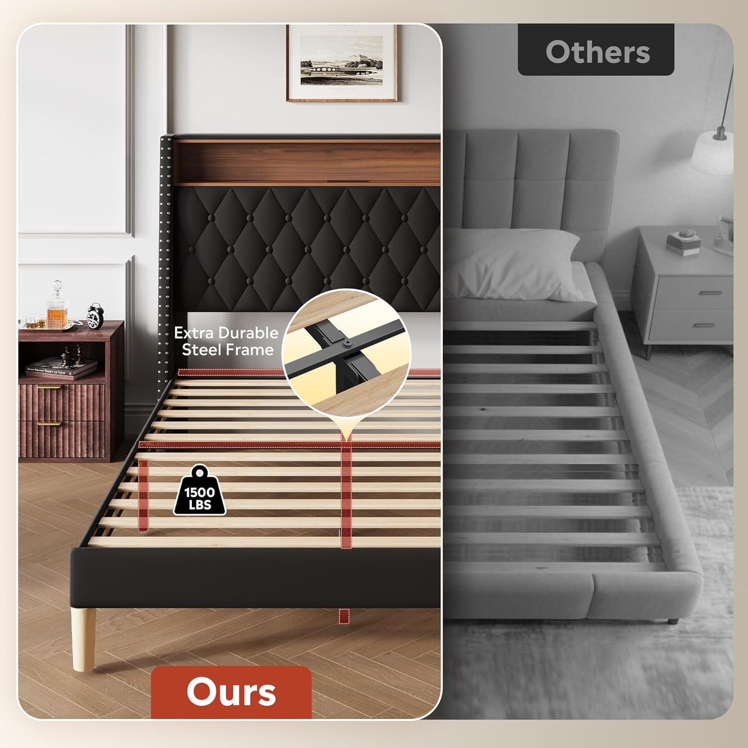 WLIVE Full Size Upholstered Bed Frame with 48'' Tall Wingback Headboard, Velvet Square Tufted Platform Beds with Charging Station, Sturdy Metal & Wooden Slats Support, Black