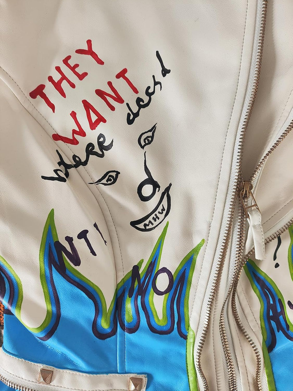 Women's Faux Leather Textured Hand Painted Graffiti Studded Rivet Moto Lady Fit Jacket Zip-up Slim PU Biker Coat