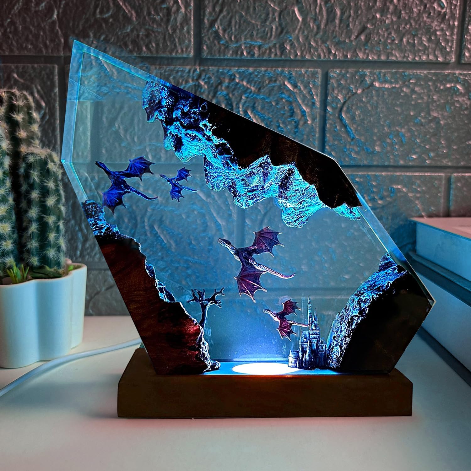 Resin Dragon Lamp,RGB Table Night Light with Wood Base, Handmade Resin Art Piece Brithday Valentine's Gifts for Women & Men,Dragon Gifts for Dungeons,Gamer (M,8'x5')
