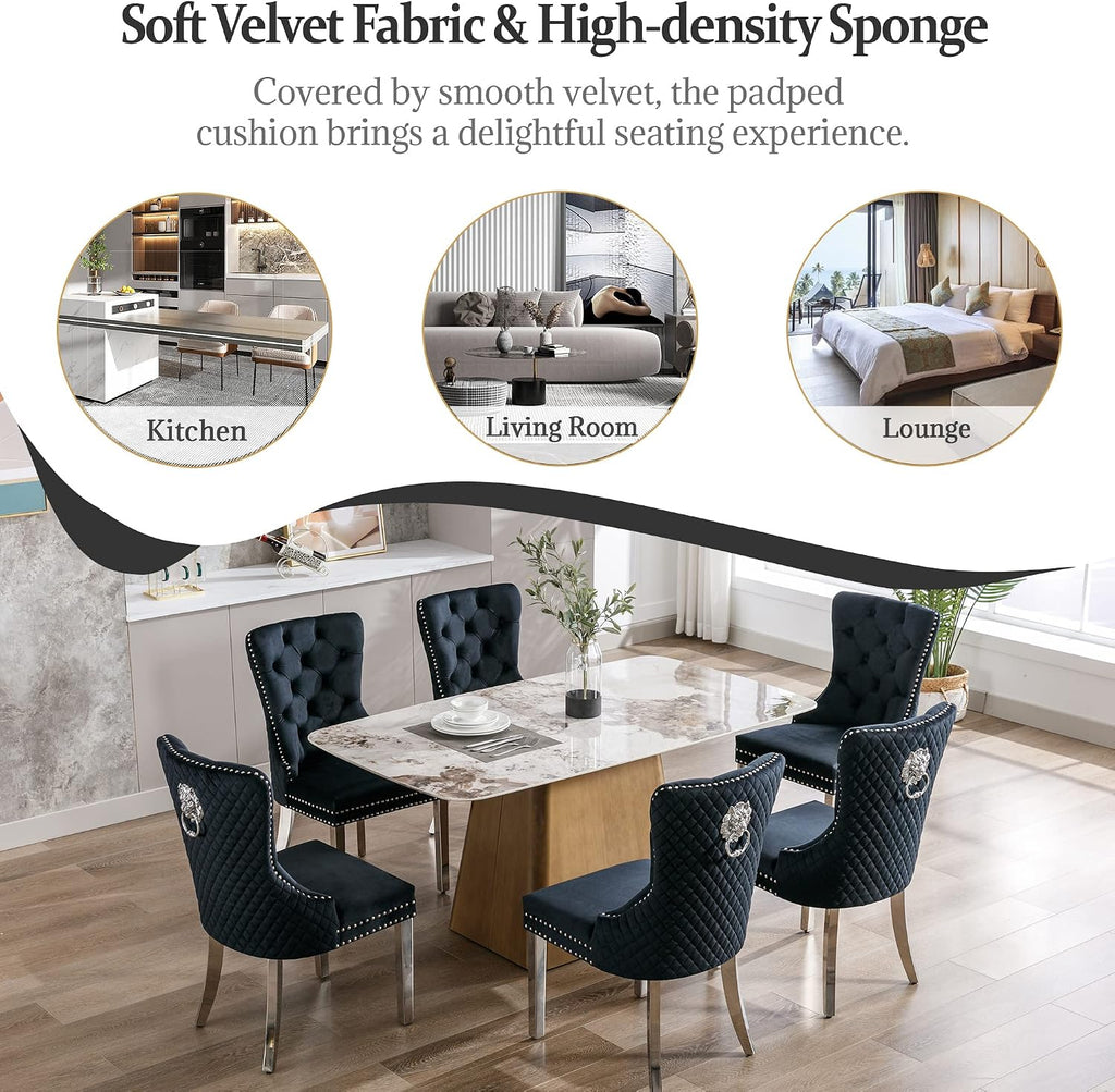 civama Dining Chairs Set of 2, Elegant Luxury Velvet Tufted Dining Chairs Silver Legs & Nailhead Trim, Back Lion Head Pull Ring & Rhomboid Pattern, Nikki Collection Armless Kitchen Chair, Black