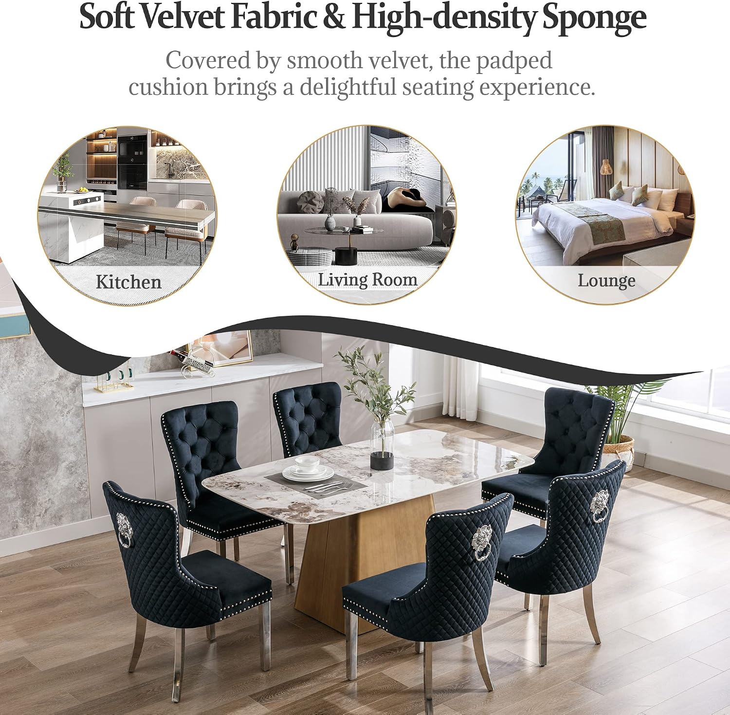 civama Dining Chairs Set of 2, Elegant Luxury Velvet Tufted Dining Chairs Silver Legs & Nailhead Trim, Back Lion Head Pull Ring & Rhomboid Pattern, Nikki Collection Armless Kitchen Chair, Black