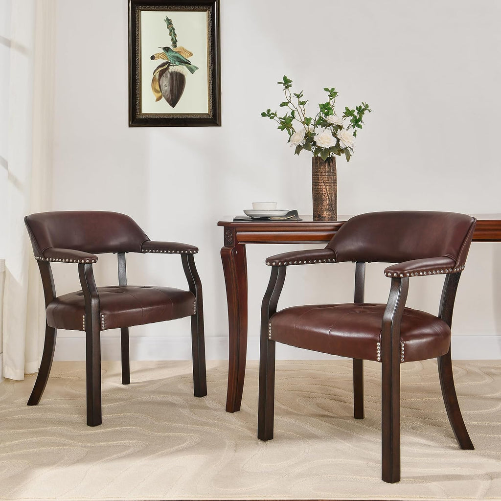 Dining Chairs with Upholstered and Arms,Office Desk Chair with Metal Rivets. PU Boss Captain's Chairs,Classic Accent Stools for Dining Room, Bedroom Brown Legs & Wine Red NX173-318WR