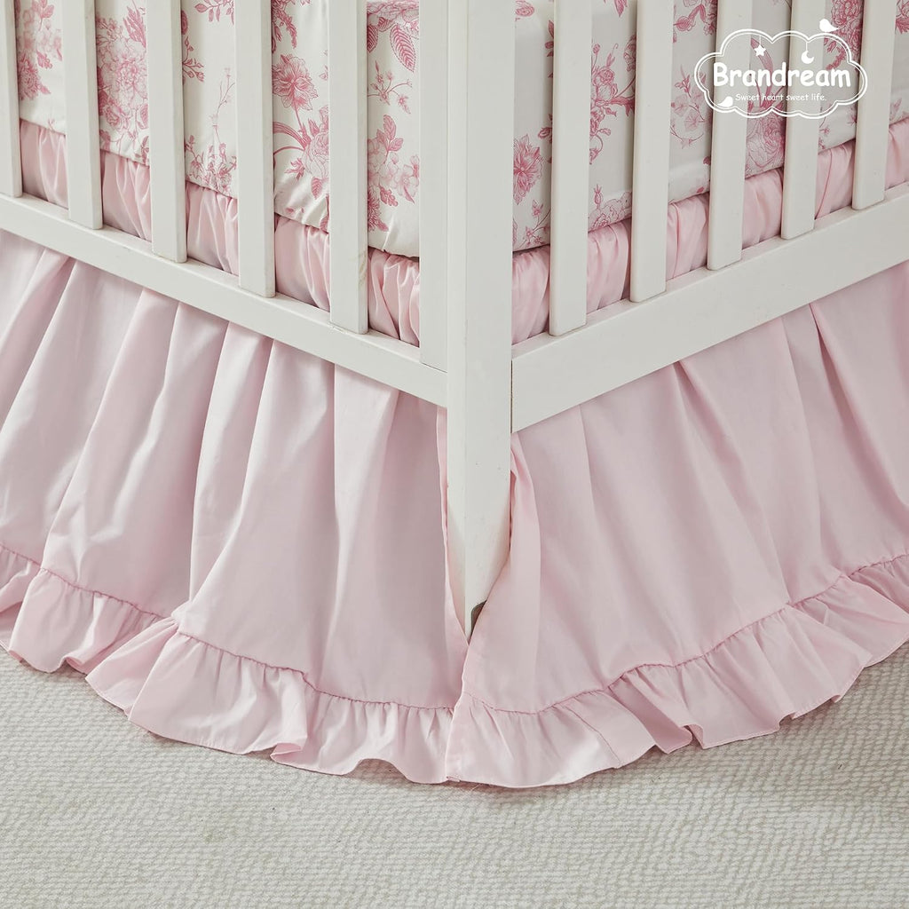 Brandream French Country Toile Crib Bedding Set for Girls Pink Grandmillennial Toile Vintage Floral Print 100% Cotton Baby Girl Nursery Bedding - Ruffles Quilt,Toile Crib Sheet,Crib Bed Skirt,3 Pieces