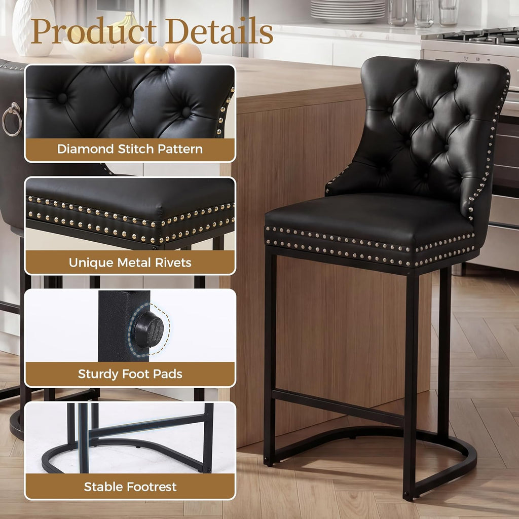 AQO 26 Inch Bar Stools Set of 6, Modern Counter Height Bar Stools with Backs, Upholstered Faux Leather Counter Stools for Kitchen Island, Black