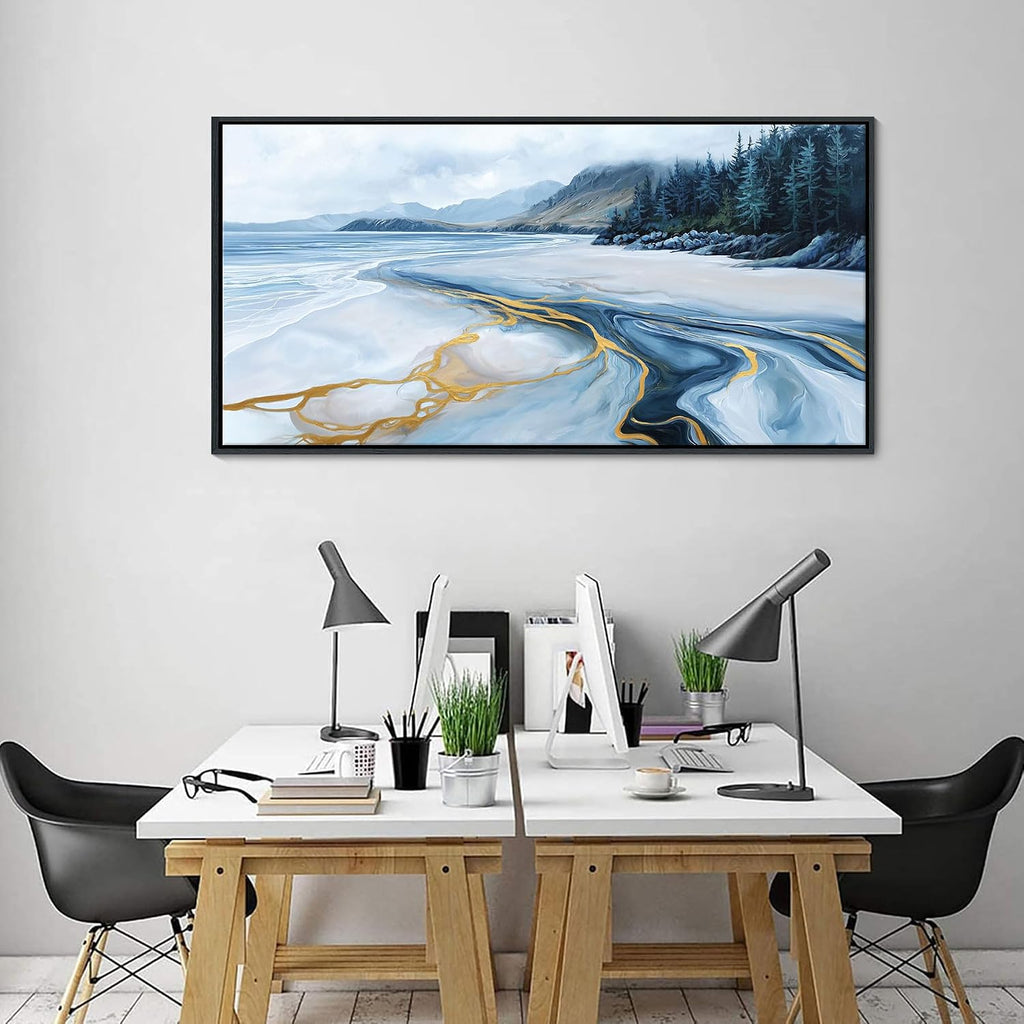 Blue and Gold Abstract Wall Art - Ocean Beach Pictures for Living Room Coastal Bedroom Paintings for Wall Decor Framed Landscape Artwork for Walls large Modern Decoration 24×48IN