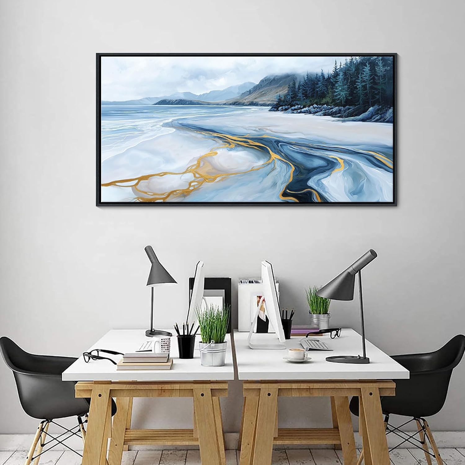 Blue and Gold Abstract Wall Art - Ocean Beach Pictures for Living Room Coastal Bedroom Paintings for Wall Decor Framed Landscape Artwork for Walls large Modern Decoration 24×48IN