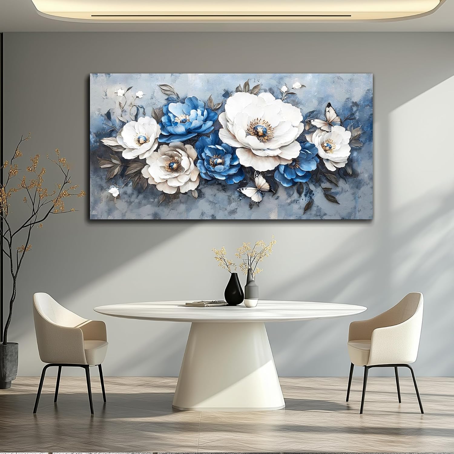 WLWBINTING Large Flower Pictures Wall Decor Vintage Floral Wall Art Floral Canvas Wall Art White Blue Floral Paintings Wall Decor Pictures Farmhouse Wall Art For Living Room Bedroom Office Home Decor