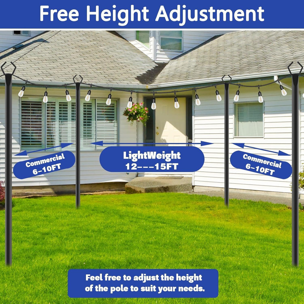 8 Pack 10 ft Heavy Duty Metal String Light Poles Adjustable Outdoor Lighting Stand for Patio,Backyard,Garden,Party & Wedding Rustproof & Sturdy with Hooks
