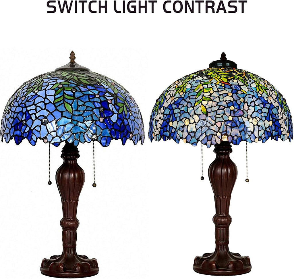 MAGCOLOR Table Lamps, Tiffany Style Stained Glass Purple Wisteria Table Lamp with 16 inches Handmade Lampshade and Brown Round Lamp Base Made of Zinc Alloy,Suitable for Decorating Room