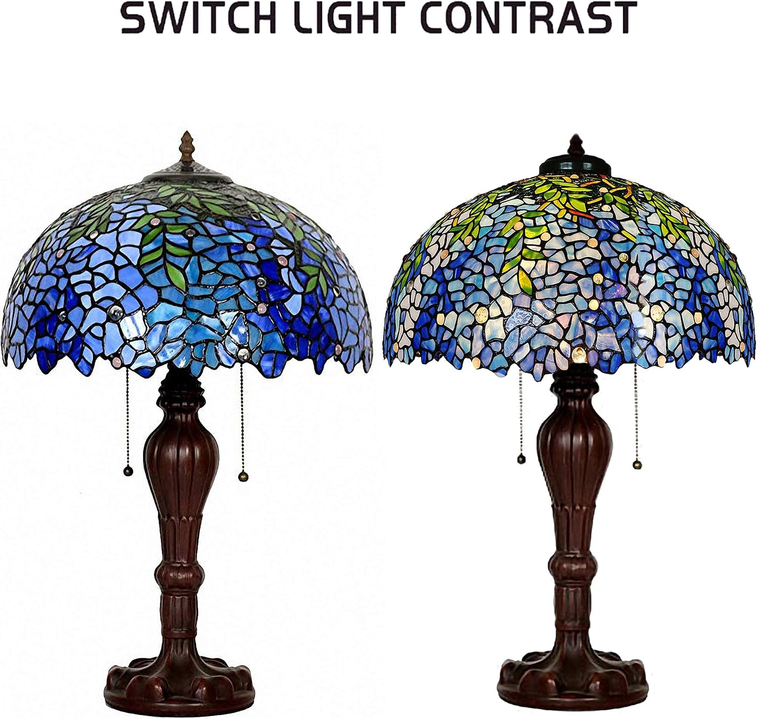MAGCOLOR Table Lamps, Tiffany Style Stained Glass Purple Wisteria Table Lamp with 16 inches Handmade Lampshade and Brown Round Lamp Base Made of Zinc Alloy,Suitable for Decorating Room