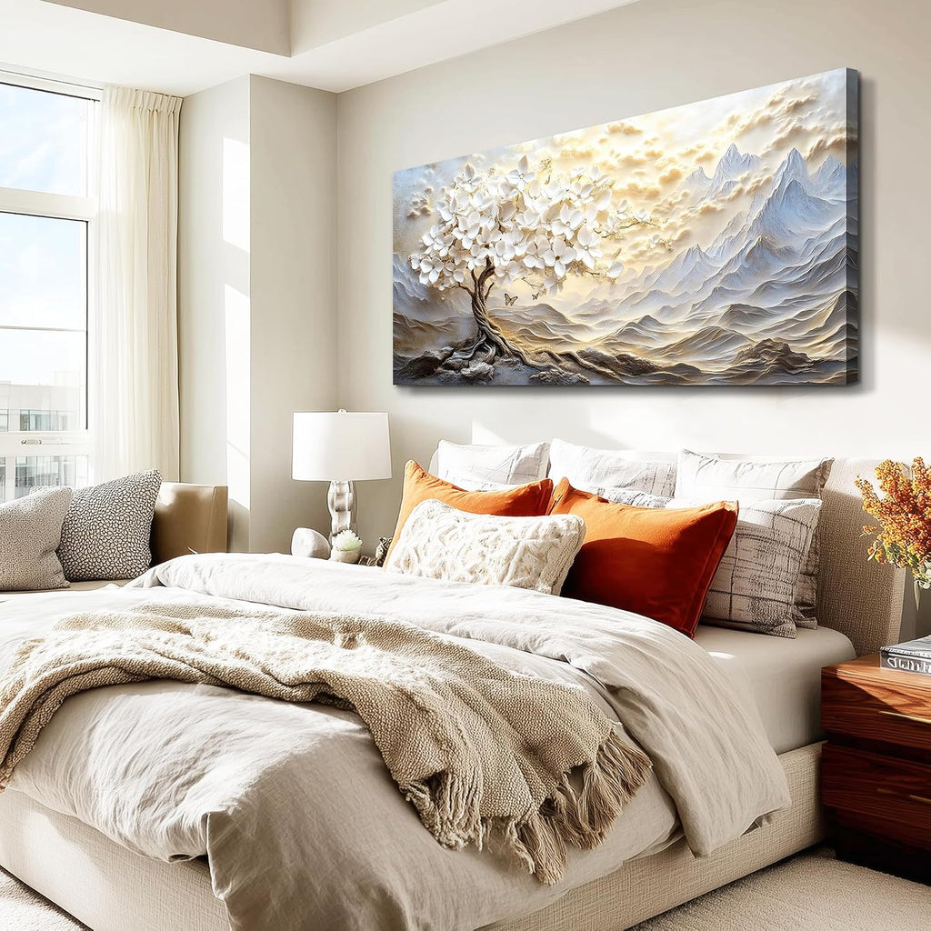 XIGUANGART Large Canvas Wall Art Mountain Landscape Farmhouse Floral Paintings Modern Abstract Artwork for Walls White Tree of Life Pictures for Living Room Bedroom Dining Room Office Home Wall Decor