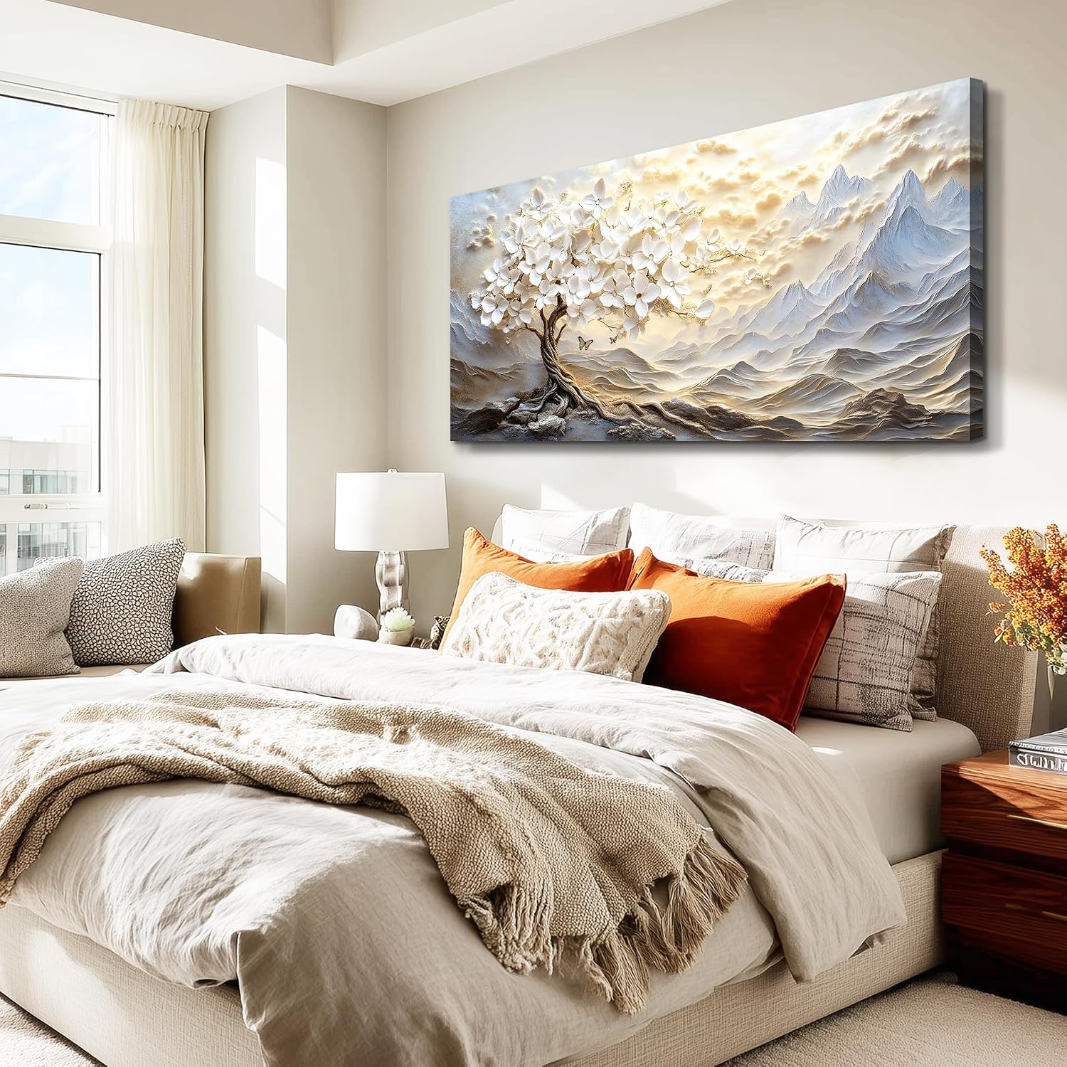 XIGUANGART Large Canvas Wall Art Mountain Landscape Farmhouse Floral Paintings Modern Abstract Artwork for Walls White Tree of Life Pictures for Living Room Bedroom Dining Room Office Home Wall Decor