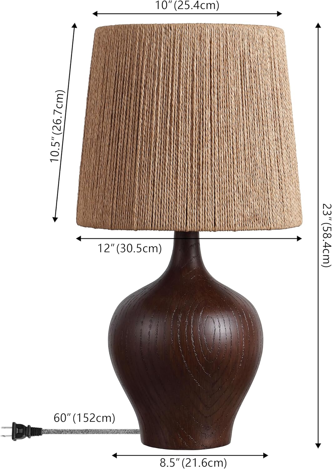 JONATHAN Y 23' Dark Brown Wood Finish Rustic Farmhouse Resin Gourd LED Table Lamp for Bedroom, Living Room, Nightstand, with Brown Paper Rope Shade, LED Bulb Included (JYL9200B)