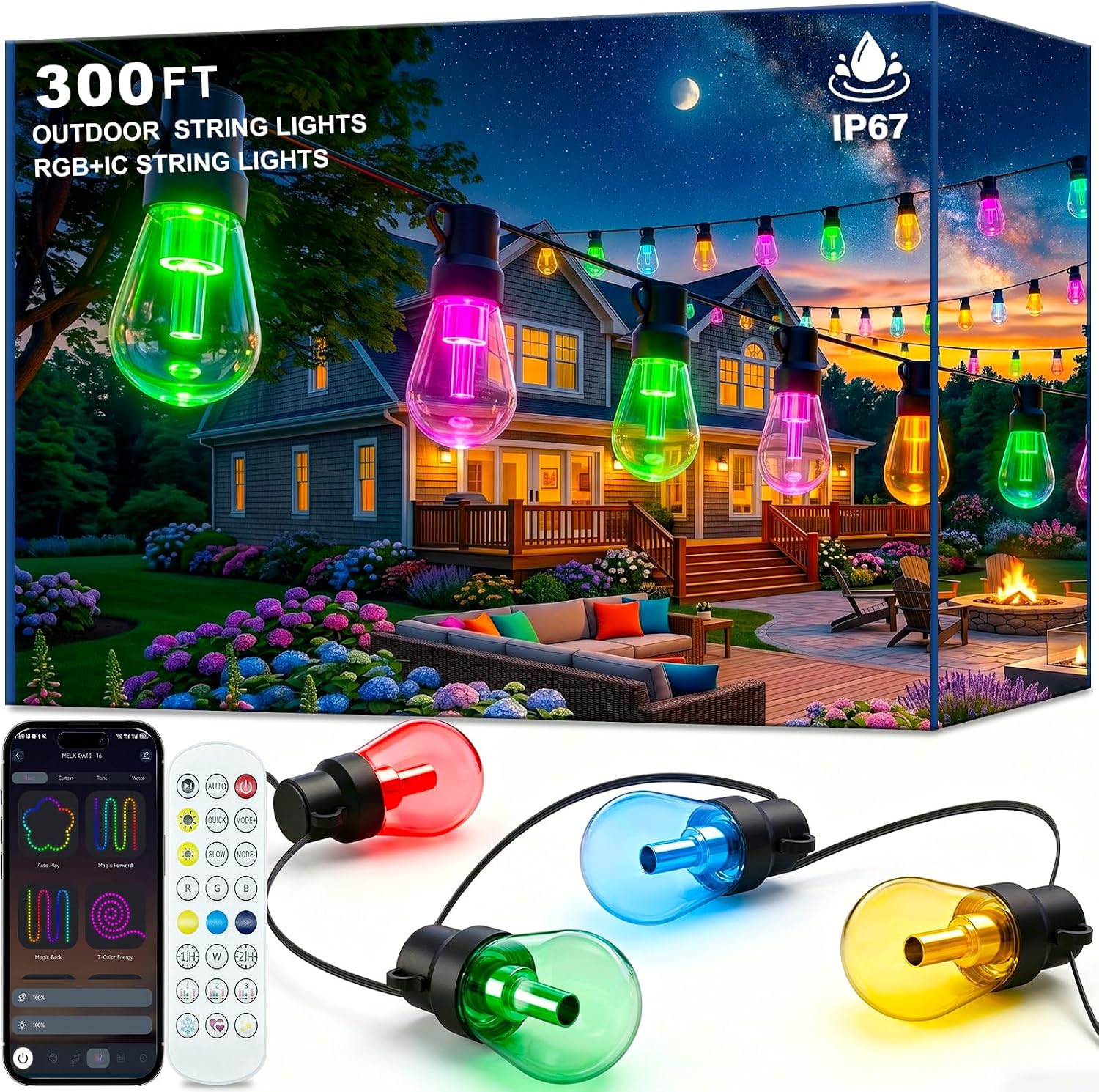 AHRLHR 300FT RGB+IC Outdoor String Lights,Outside Light Dimmable Shatterproof LED Bulbs,Balcony, Outdoor Living， IP67 Waterproof Chasing Effect Lighting DreamColor Patio Strip Lights for Backyard