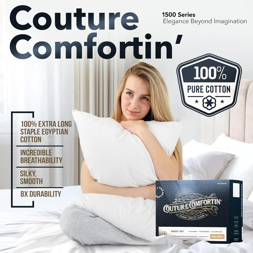 TEXAS LINEN CO. 100% Egyptian Cotton King Sheets Set - Luxury 1500 Series Couture Comfortin' Collection Egyptian Cotton Sheets King Size Bed Set (4 PC, Taupe), 17' Deep Pocket, Hotel Bedding Set