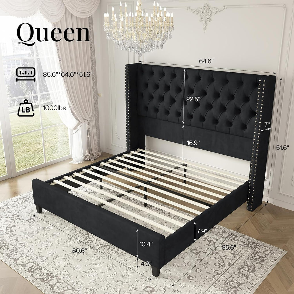 Jocisland Queen Size Velvet Upholstered Platform Bed Frame with 52' Tall Wingback Headboard, Deep Button Tufting, No Box Spring Required, Elegant Black