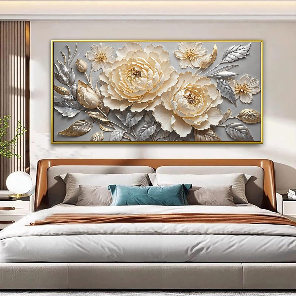 Large Canvas Art Wall Decor Print Silver White Flowers Wall Art Picture Modern Landscape Artwork Painting Gold Framed Wall Art For Living Room Bedroom Home Office Prints Artwork 29' X 58'